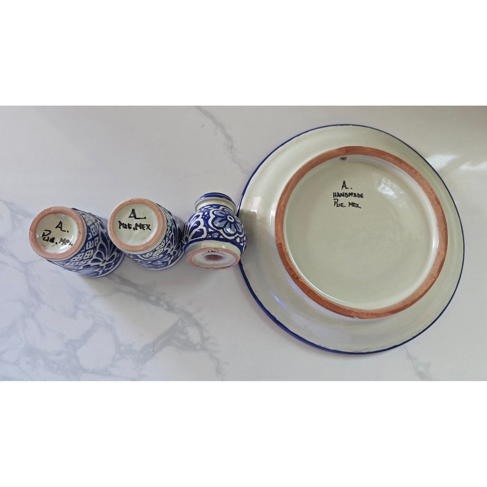 Handmade Talavera Pottery Set Tequila Shot Glasses Plate Salt Shaker - Picture 4 of 7